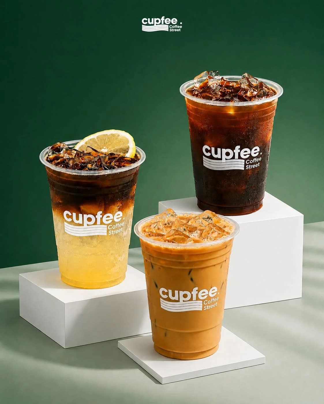 Three signature Cupfee iced drinks displayed in the studio