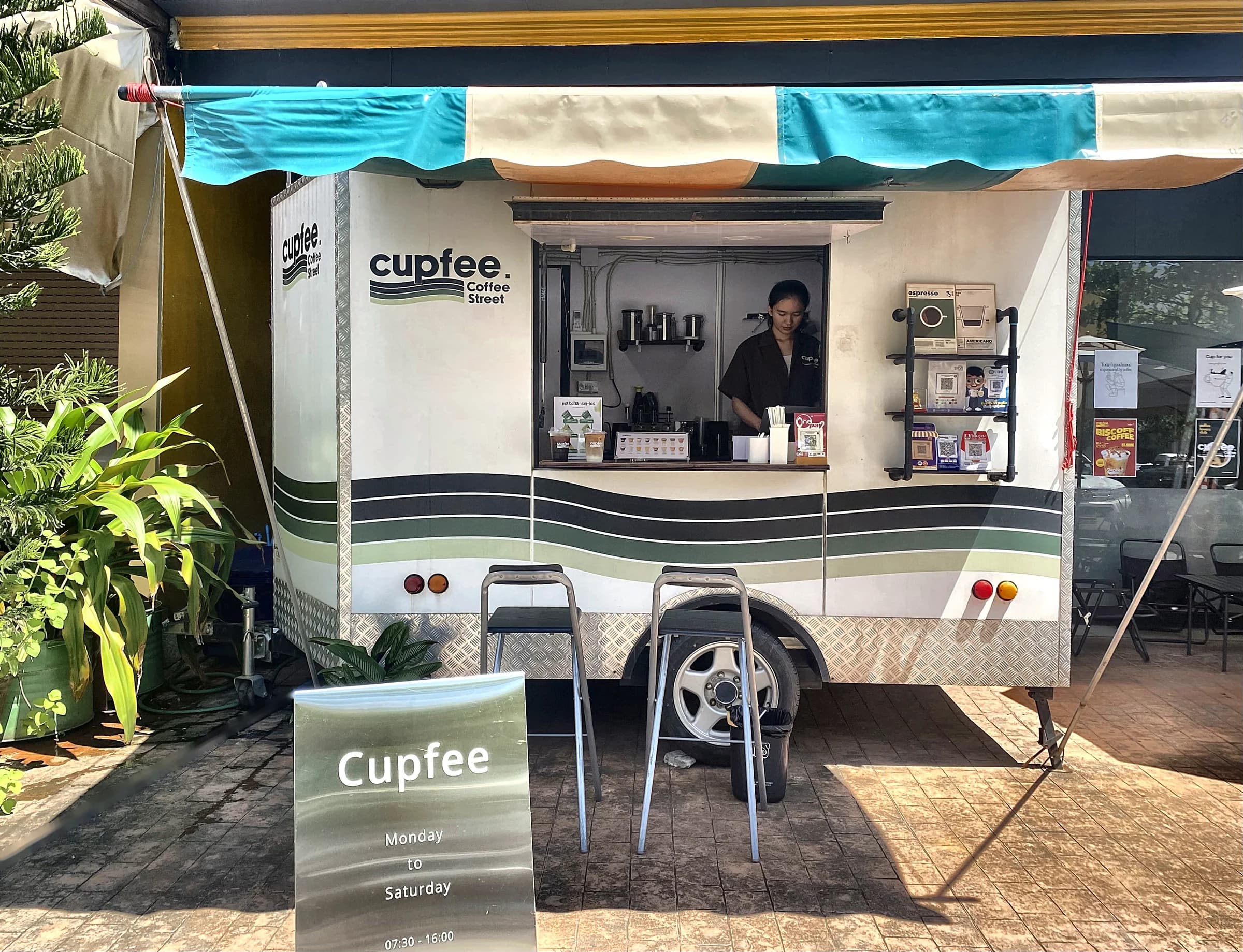 Cupfee Coffee Street storefront and coffee trailer in Vientiane
